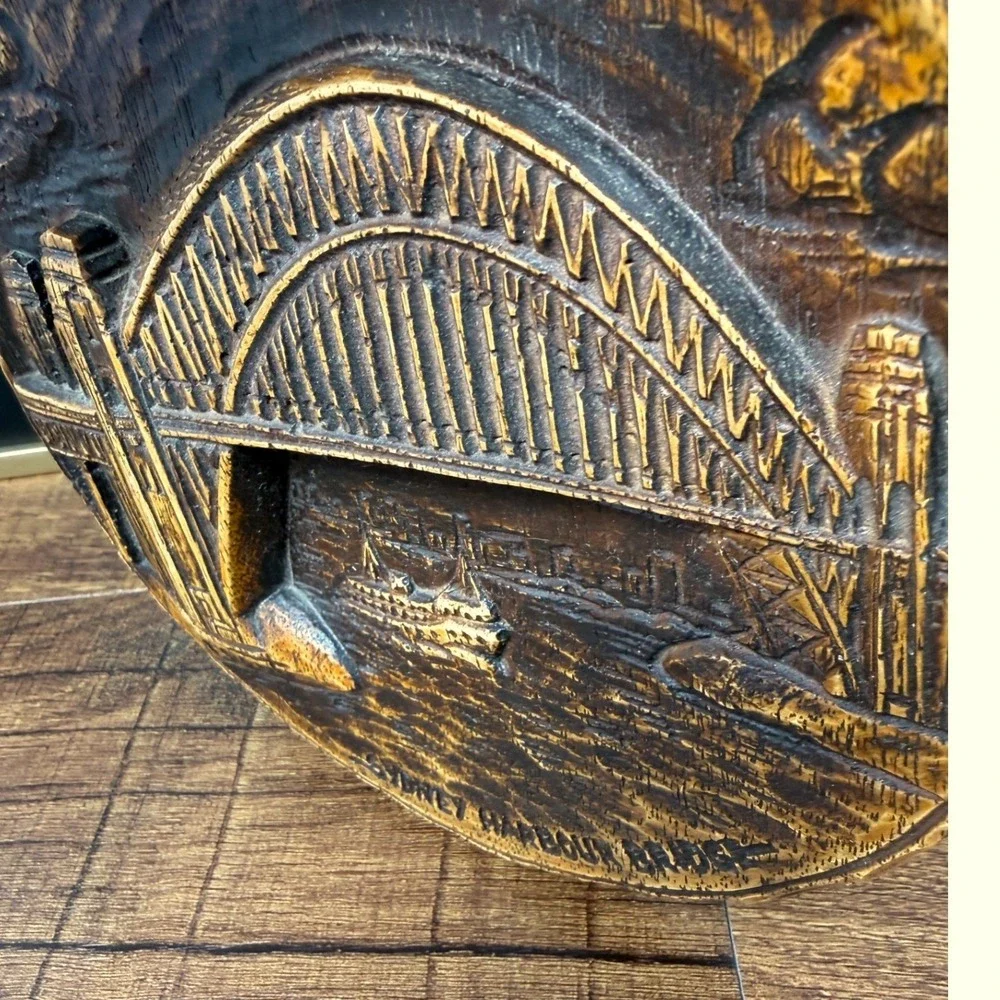 Vintage F Rentz Sydney Harbour Bridge Wall Plaque 3D Wood Carved Relief 7.5